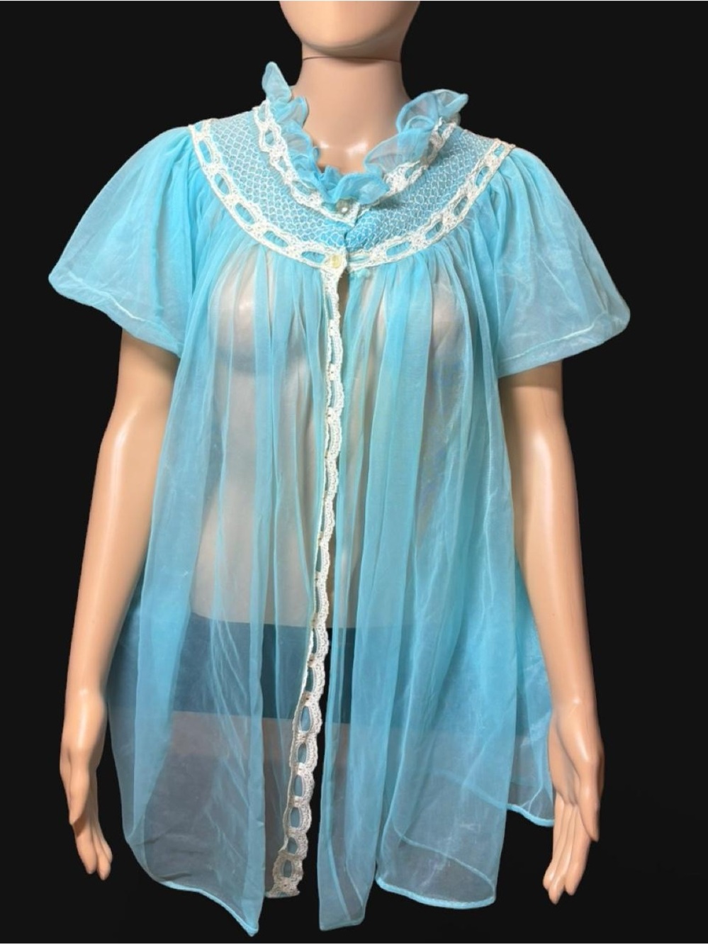 Sheer Vintage Baby Blue Chiffon Peignoir Top with Lace Trim